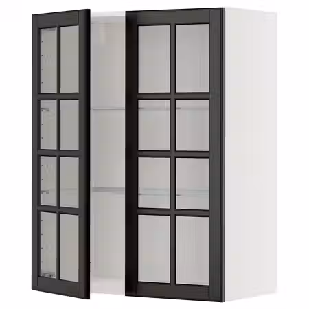 METOD Навесной шкаф/полки/2стеклян двери - белый/Bodbyn чёрный 80x100 см