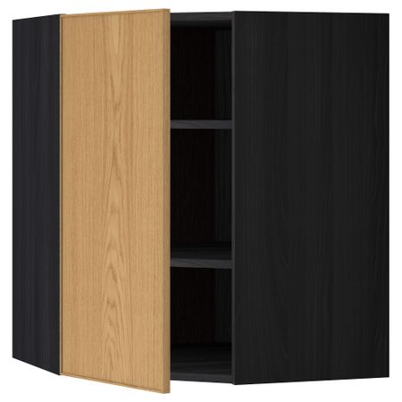 Угловой навесной шкаф с полками МЕТОД, черный, Экестад дуб
