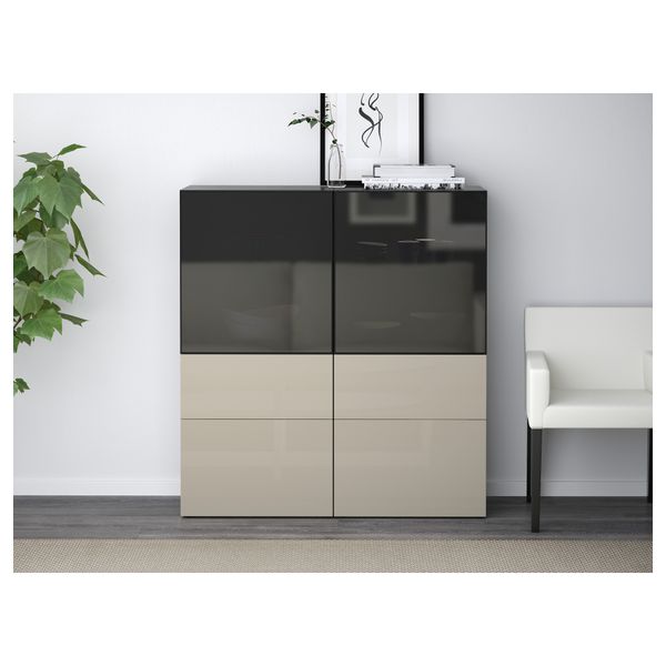 Комбинация для хранения + стеклянная дверцами, 120x40x128 см, черно-коричневый, Selsviken глянцевый, бежевый, дымчатое стекло - фото 3