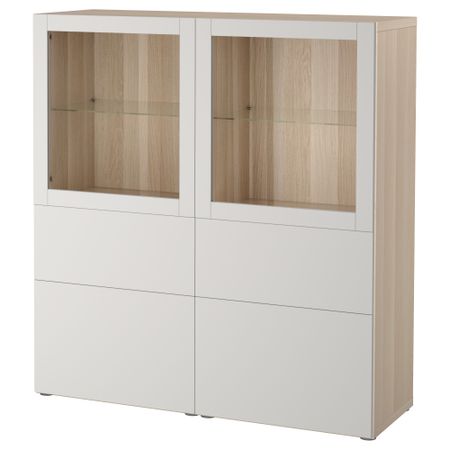 Комбинация для хранения со стеклянными дверцами БЕСТО, под беленый дуб, Лаппвикен светло-серый прозрачное стекло (120x40x128 см)