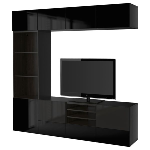 Шкаф для ТВ, комбинированный, стекляные дверцы БЕСТО, черно-коричневый, Сельсвикен глянцевый/черный дымчатое стекло (240x40x230 - фото 1