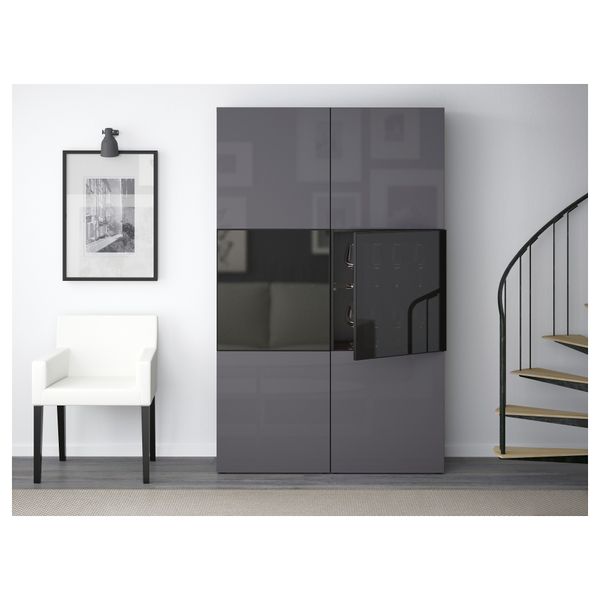 Комбинация для хранения со стеклянными дверцами БЕСТО, черно-коричневый, Сельсвикен глянцевый/серый дымчатое стекло (120x40x192 - фото 2