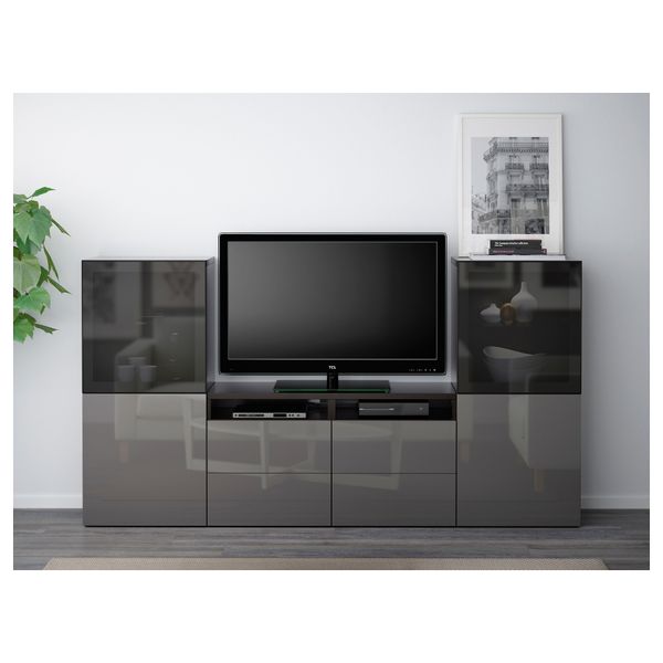 Шкаф для ТВ, комбинированный, стекляные дверцы БЕСТО, черно-коричневый, Сельсвикен глянцевый/серый дымчатое стекло (240x40x128 - фото 2