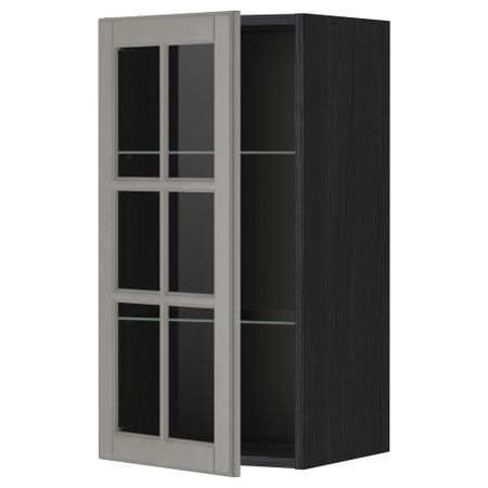 Навесной шкаф с полками, стекляными дверцы МЕТОД, черный, Будбин серый