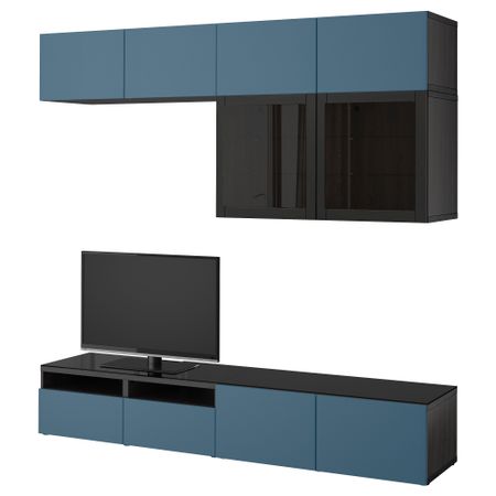 Шкаф для ТВ, комбинированный, стекляные дверцы БЕСТО, черно-коричневый Вальвикен, темно-синий прозрачное стекло (240x40x230 см)