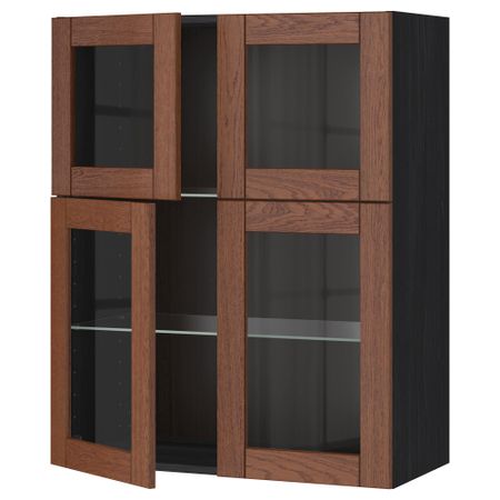 Навесной шкаф с полками, 4 стекло дверцы МЕТОД, черный, Филипстад коричневый (80x100 см)
