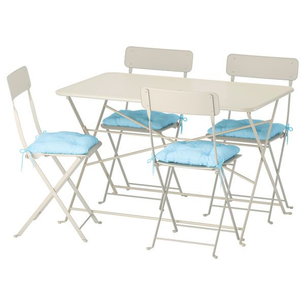 Стол + 4 складных стула, для/сада, бежевый/Куддарна синий IKEA САЛЬТХОЛЬМЕН 492.863.60 - фото 1
