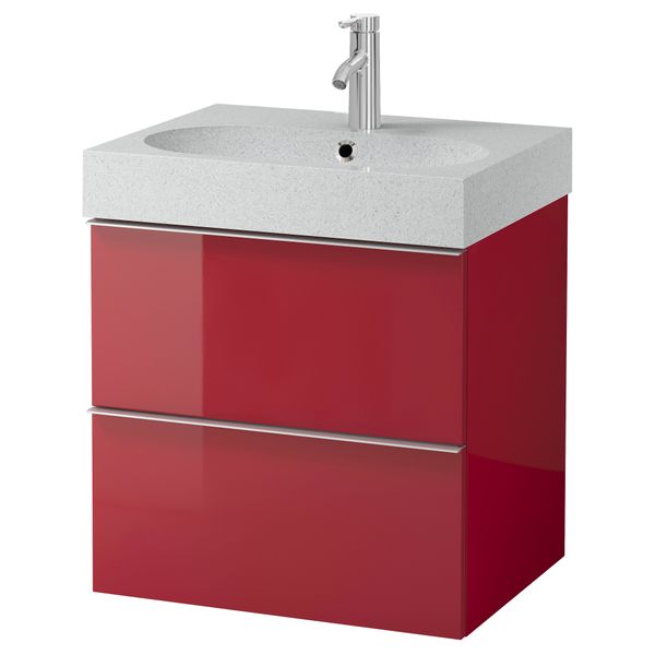 Шкаф для раковины с 2 ящиками ГОДМОРГОН / БРОВИКЕН, глянцевый красный, светло-серый (60x49x68 см) - фото 2