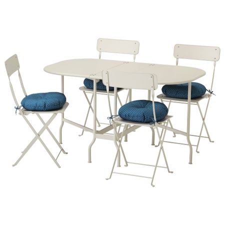 Стол + 4 складных стула, для сада САЛЬТХОЛЬМЕН, бежевый, Иттерон синий