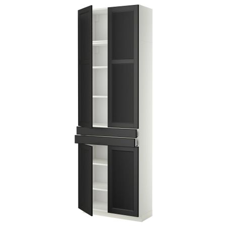 Высокий шкаф + полки, 2 ящика, 4 дверцы МЕТОД / МАКСИМЕРА, белый, Лаксарби черно-коричневый (80x37x240 см)