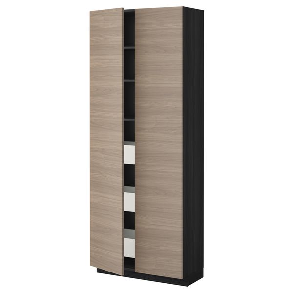 Высокий шкаф с ящиками, 2 дверцы МЕТОД / МАКСИМЕРА, черный, Брокхульт светло-серый (80x37x200 см) - фото 1