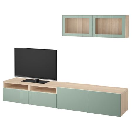 Шкаф для ТВ, комбинированный, стекляные дверцы БЕСТО, под беленый дуб Сельсвикен, глянцевый/серо-зеленый светлый прозрачное