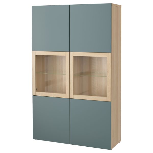 Комбинация для хранения со стеклянными дверцами БЕСТО, под беленый дуб Вальвикен, серо-бирюзовый прозрачное стекло - фото 1
