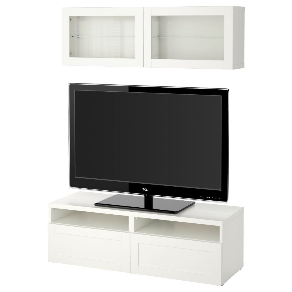 Шкаф для ТВ, комбинированный, стекляные дверцы БЕСТО, Ханвикен, Синдвик белый прозрачное стекло (120x20/40x166 см) - фото 1