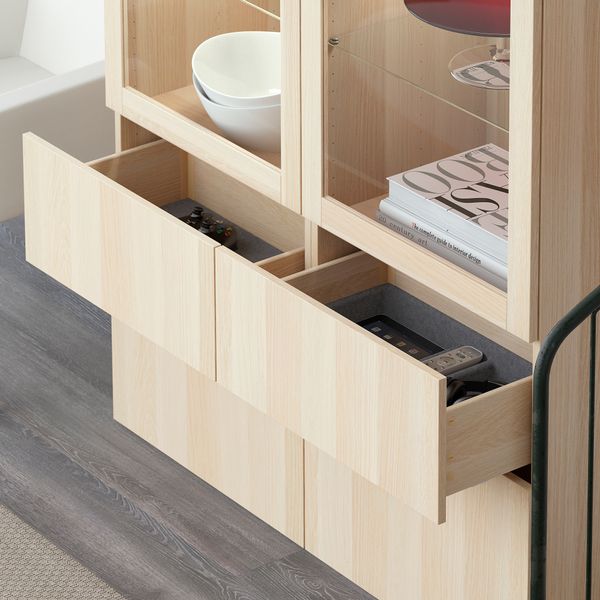 Комбинация для хранения + стеклянная дверцами, 120x40x128 см, Lappviken, Sindvik под беленый дуб, прозрачное стелко IKEA BESTÅ - схема-чертеж с размерами