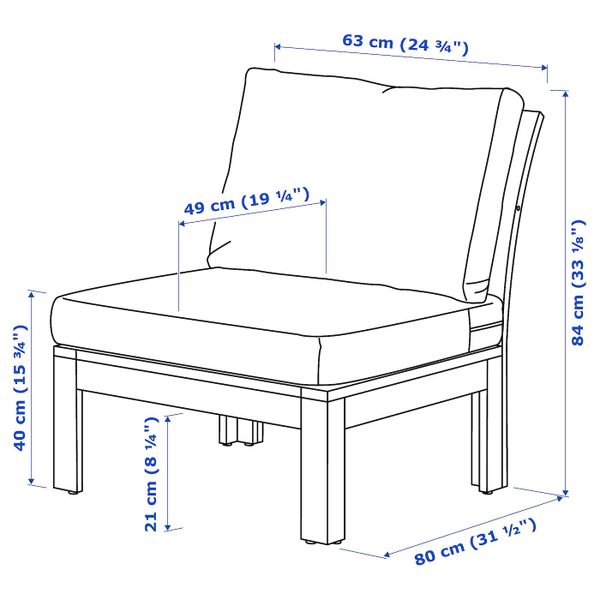 Садовое легкое кресло, коричневая морилка/ФРЁСЁН/ДУВХОЛЬМЕН синий 63x80x84 см IKEA ÄPPLARÖ ЭПЛАРО 492.599.79 - схема-чертеж с размерами