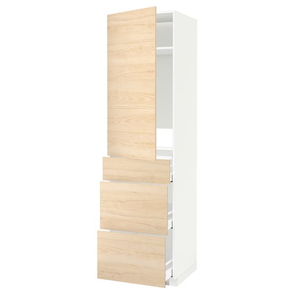 Высокий шкаф для холодильника, с дверцами, 3 ящика МЕТОД / МАКСИМЕРА, белый, Аскерсунд ясень под светлый ясень (60x60x220 см) - схема-чертеж с размерами