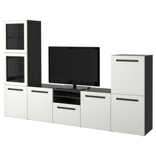 Шкаф для ТВ, комбинированный, стекляные дверцы БЕСТО, черно-коричневый, Марвикен белый прозрачное стекло (300x40x192 см) - фото 1