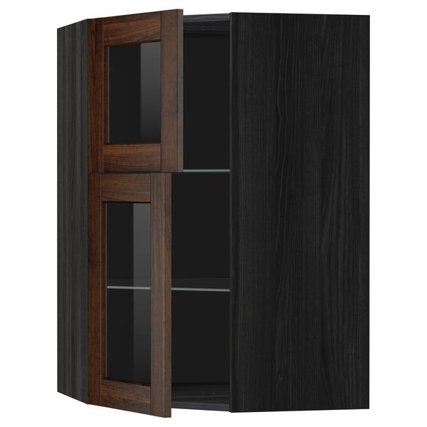 Угловой навесной шкаф + полки, 2 стеклянные дверцы МЕТОД, черный, Эдсерум коричневый (68x100 см) - схема-чертеж с размерами