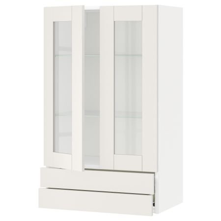 Навесной шкаф, 2 стеклянные дверцы, 2 ящика МЕТОД / ФОРВАРА, белый, Сэведаль белый
