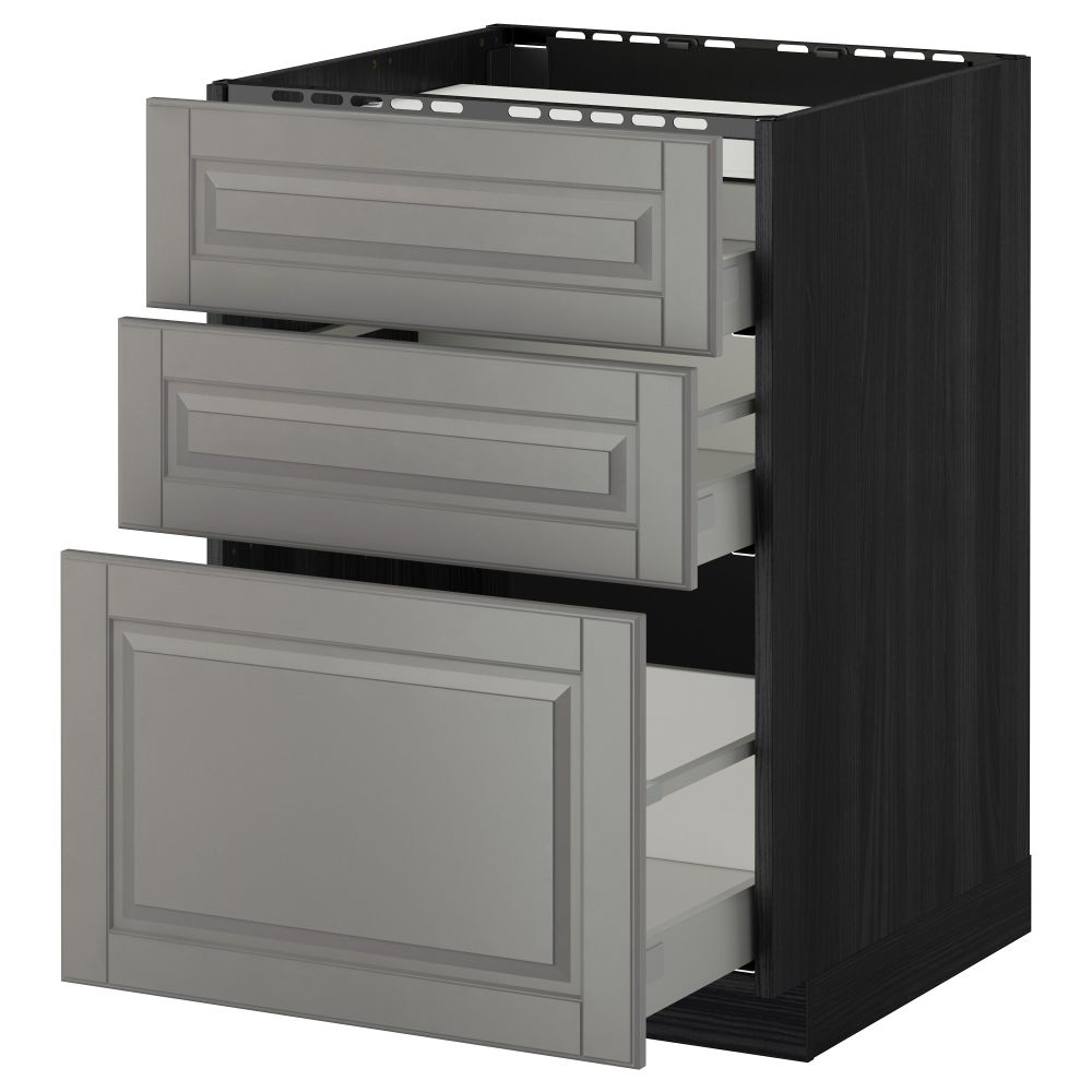 Напольный шкаф, 3 фронтальных панели, 3 ящика МЕТОД / МАКСИМЕРА, черный, Будбин серый - схема-чертеж с размерами