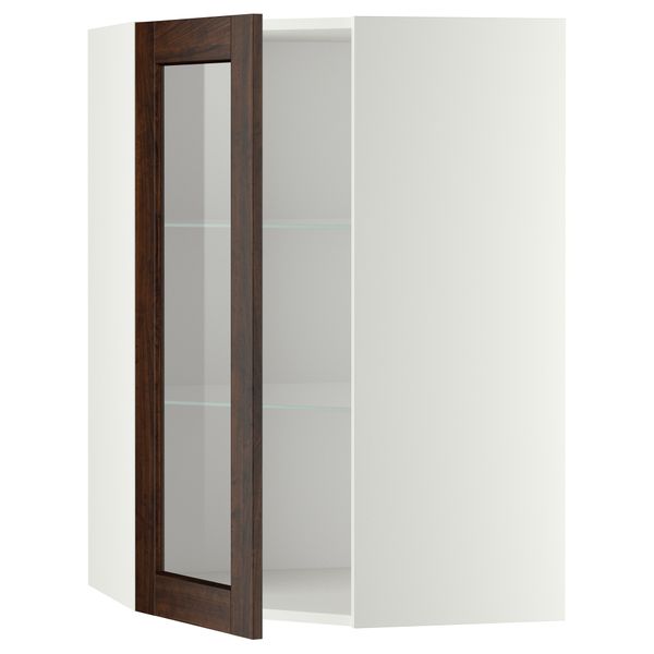 Угловой навесной шкаф с полками, стекляными дверцами МЕТОД, белый, Эдсерум коричневый - схема-чертеж с размерами