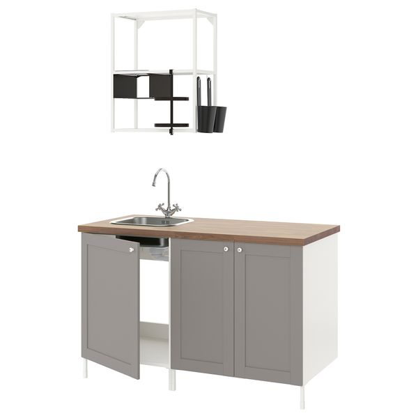 Кухня, 143x63.5x222 см, белый, серый каркас IKEA BEGIVENHET БЕГИВЕНХЕТ 394.856.47 - фото 1