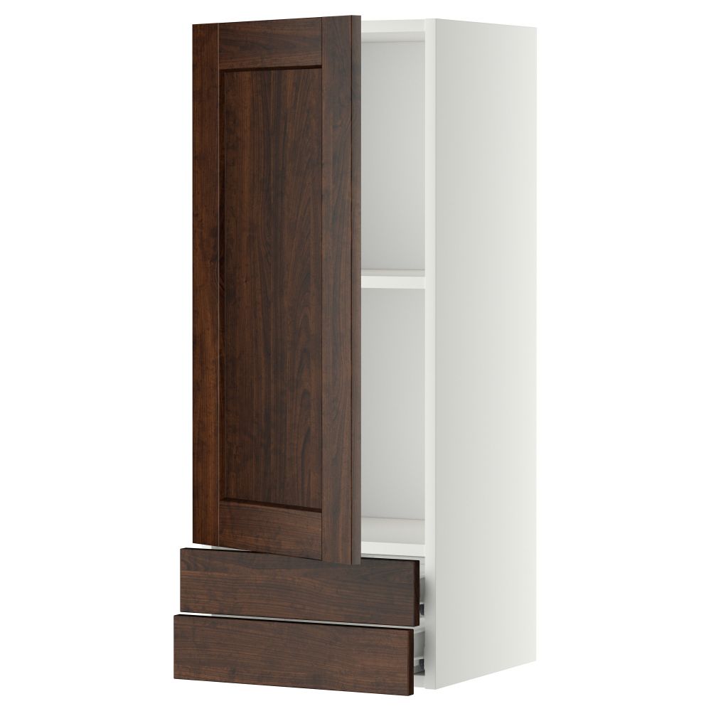 Навесной шкаф с дверцей, 2 ящика МЕТОД / ФОРВАРА, белый, Эдсерум коричневый - фото 1