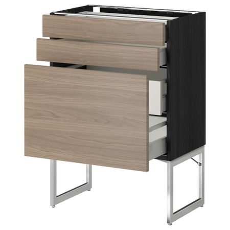 Напольный шкаф 3 фронтальных панели, 2 нижних, 2 средних ящика МЕТОД / МАКСИМЕРА, черный, Брокхульт светло-серый