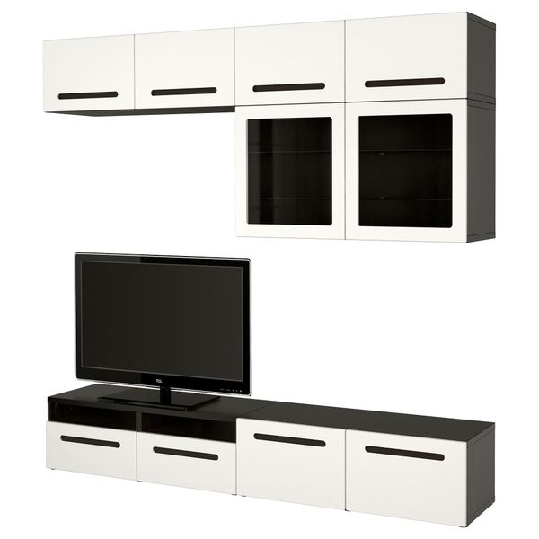 Шкаф для ТВ, комбинированный, стекляные дверцы БЕСТО, черно-коричневый, Марвикен белый прозрачное стекло (240x40x230 см) - фото 1