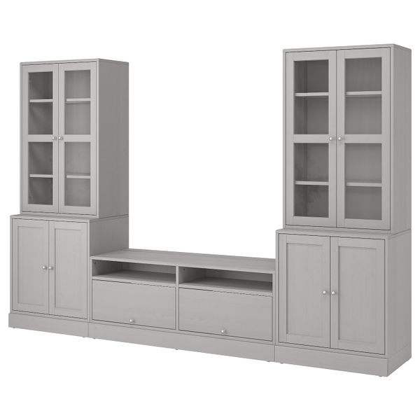 Шкаф для ТВ, комбинированный, стекляные дверцы, серый 322x47x212 см IKEA ХАВСТА 392.658.29 - фото 1