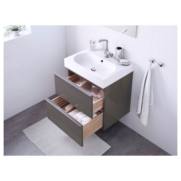 Шкаф для раковины с 2 ящиками ГОДМОРГОН / БРОВИКЕН, глянцевый серый, светло-серый (60x49x68 см) - фото 3