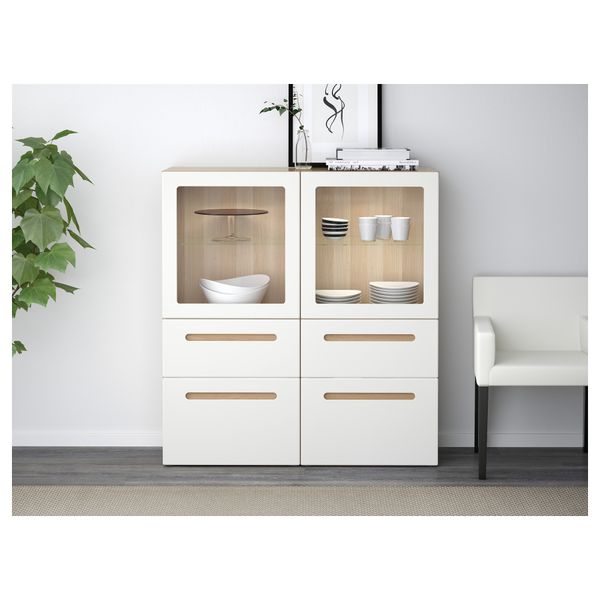 Комбинация для хранения со стеклянными дверцами БЕСТО, под беленый дуб, Марвикен белый прозрачное стекло (120x40x128 см) - схема-чертеж с размерами