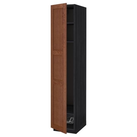Высокий шкаф с полками, проволочной корзиной МЕТОД, черный, Филипстад коричневый