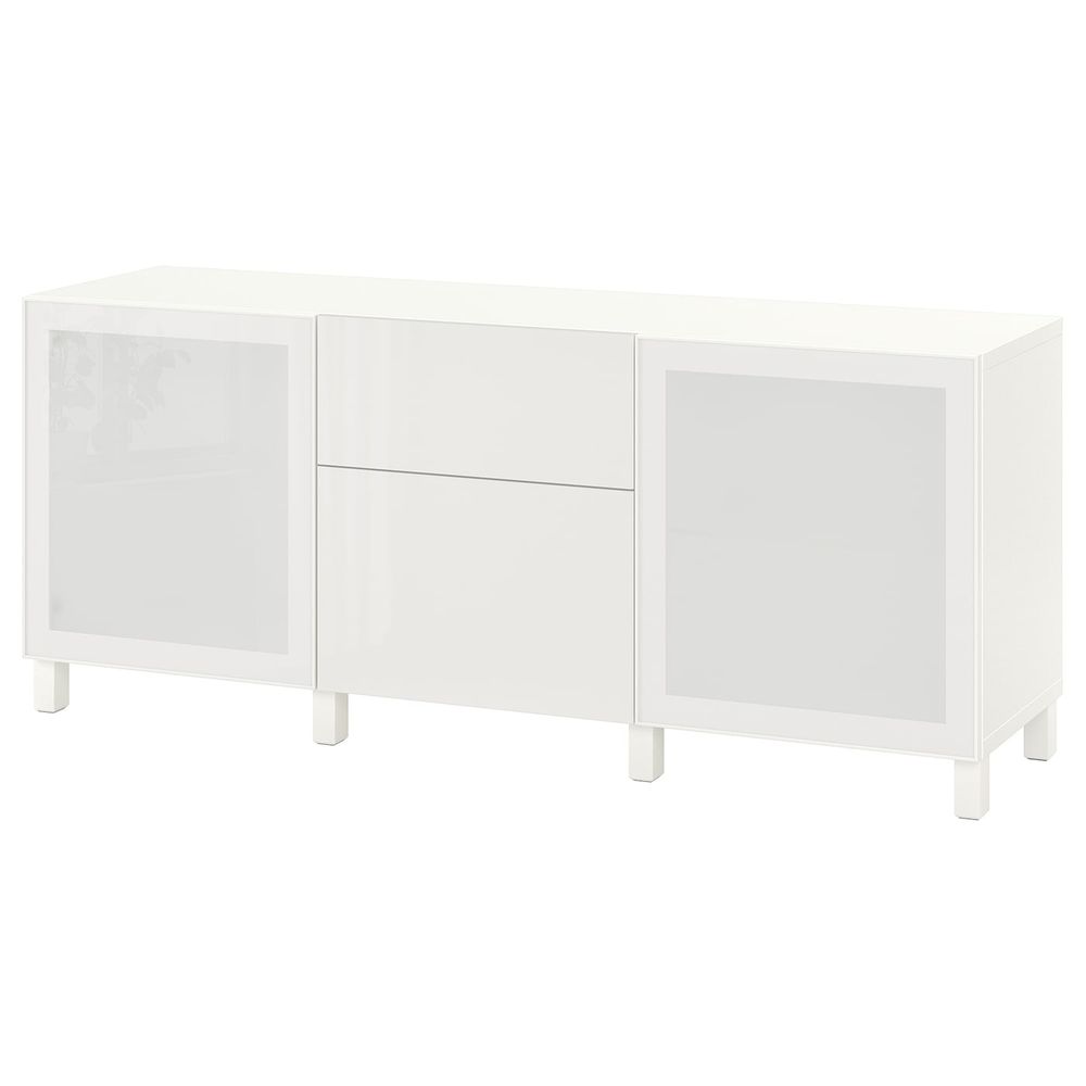 Комбинация для хранения с ящиками, белый/сельсв/стуббарп глянцевый, белый матовое стекло 180x42x74 см IKEA BESTÅ БЕСТО - фото 1