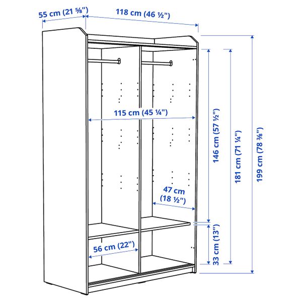 Гардероб с раздвижными дверями, серый 118x55x199 см IKEA HAUGA ХАУГА 804.569.15 - схема-чертеж с размерами