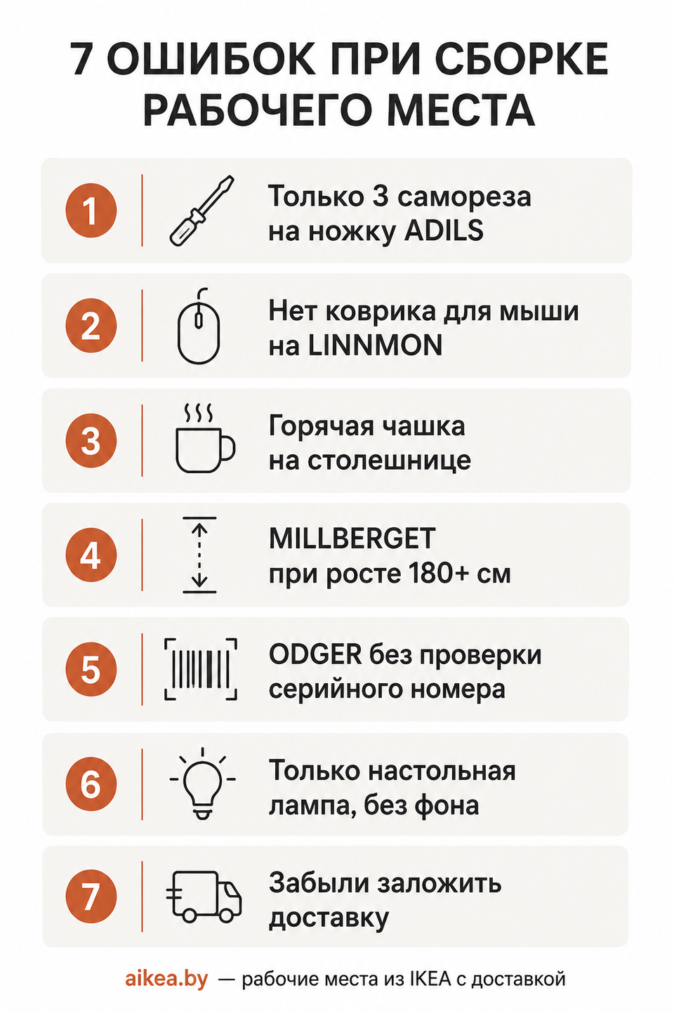 Инфографика: 7 частых ошибок при сборке рабочего места из IKEA