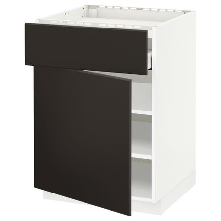 Напольный шкаф для варочной панели, ящик, полка, дверцы МЕТОД / МАКСИМЕРА, белый, Кунгсбакка антрацит (60x60 см)