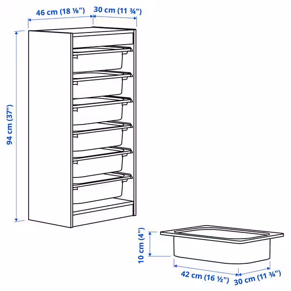 TROFAST Комбинация д/хранения+контейнеры - белый/светло-оранжевый 46x30x94 см - схема-чертеж с размерами