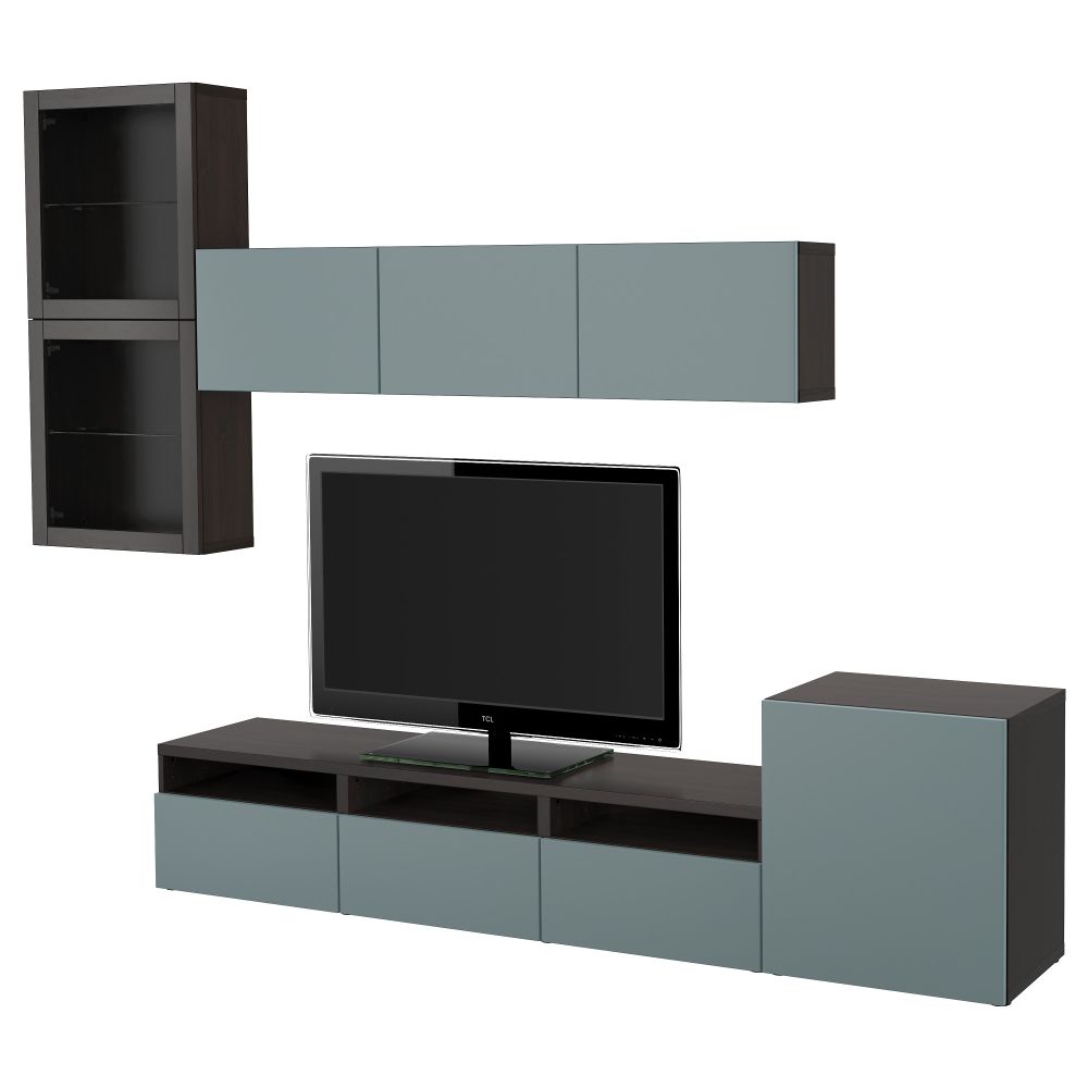 Шкаф для ТВ, комбинированный, стекляные дверцы БЕСТО, черно-коричневый, Вальвикен серо-бирюзовый, прозрачное стекло - фото 1