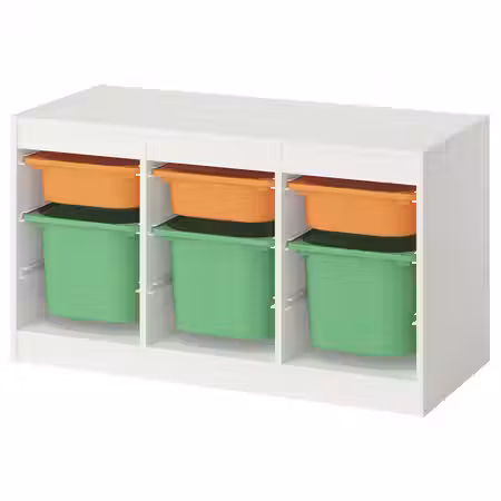 TROFAST Комбинация д/хранения+контейнеры - белый светло-оранжевый/ярко-зеленый 99x44x56 см