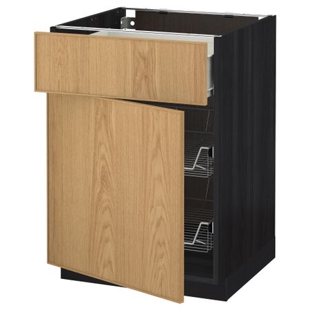 Напольный шкаф с проволочной корзиной, ящиком, дверью МЕТОД / ФОРВАРА, черный, Экестад дуб