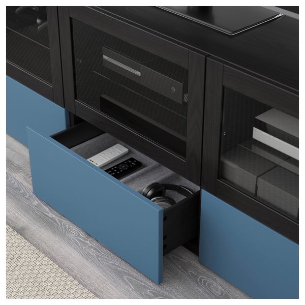 Тумба под ТВ, с дверцами и ящиками БЕСТО, черно-коричневый Вальвикен, темно-синий прозрачное стекло (180x40x64 см) - фото 3