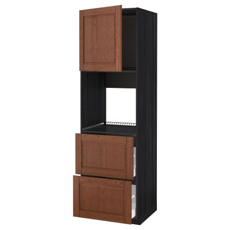 Высокий шкаф для духовки + дверца, 2 форнтальных, 2 высоких ящик МЕТОД / МАКСИМЕРА, черный, Филипстад коричневый