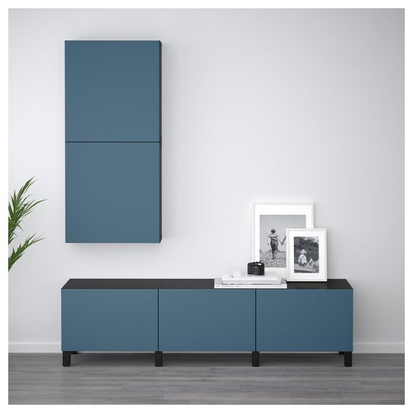 Навесной шкаф с 2 дверями БЕСТО, черно-коричневый, Вальвикен темно-синий (60x20x128 см) - фото 2