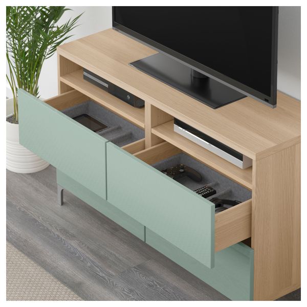 Тумба для ТВ с ящиками БЕСТО, под беленый дуб, Сельсвикен глянцевый/серо-зеленый светлый (120x40x74 см) - фото 3