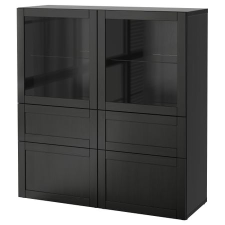 Комбинация для хранения + стеклянная дверцами, 120x40x128 см, Hanviken, Sindvik черно-коричневый прозрачное стекло IKEA BESTÅ