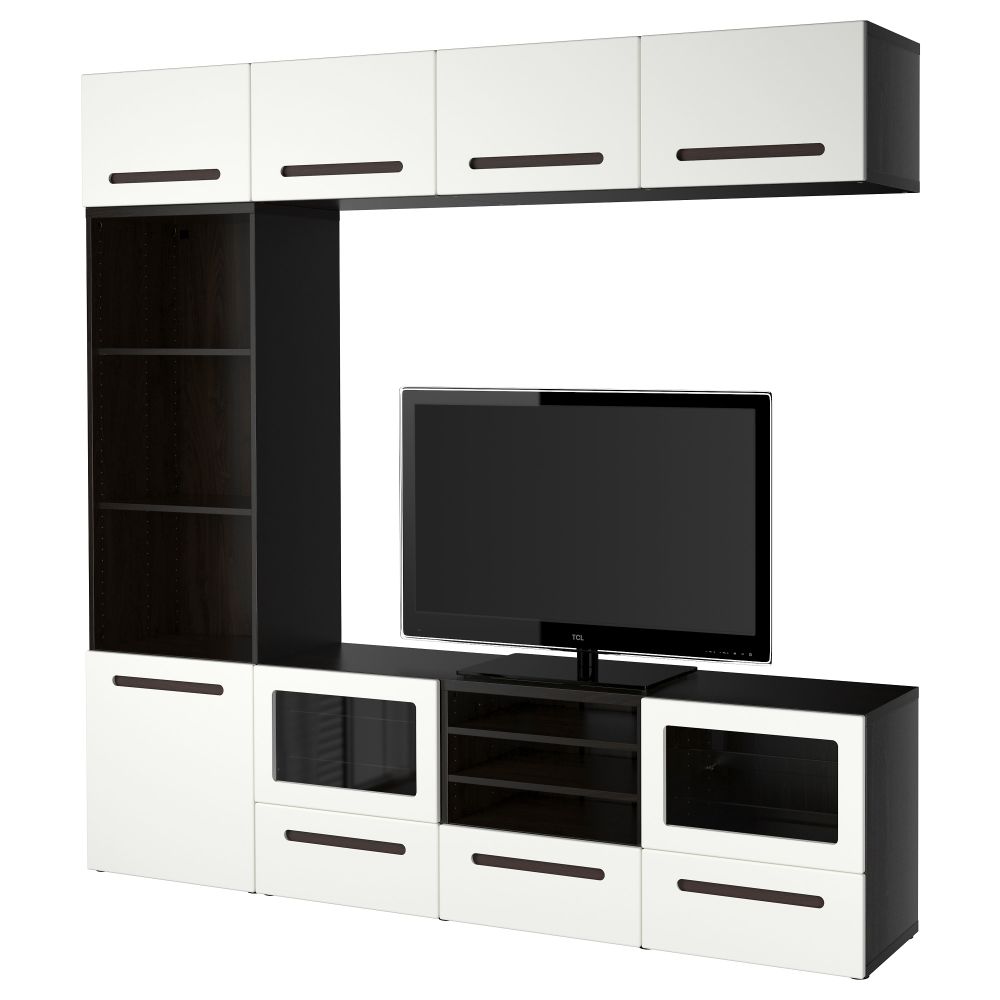 Шкаф для ТВ, комбинированный, стекляные дверцы БЕСТО, черно-коричневый, Марвикен белый прозрачное стекло (240x40x230 см) - фото 1