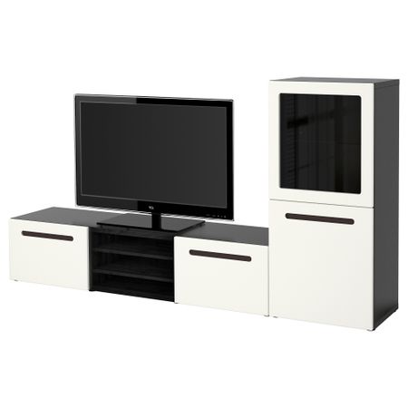 Шкаф для ТВ, комбинированный, стекляные дверцы БЕСТО, черно-коричневый, Марвикен белый прозрачное стекло (240x40x128 см)