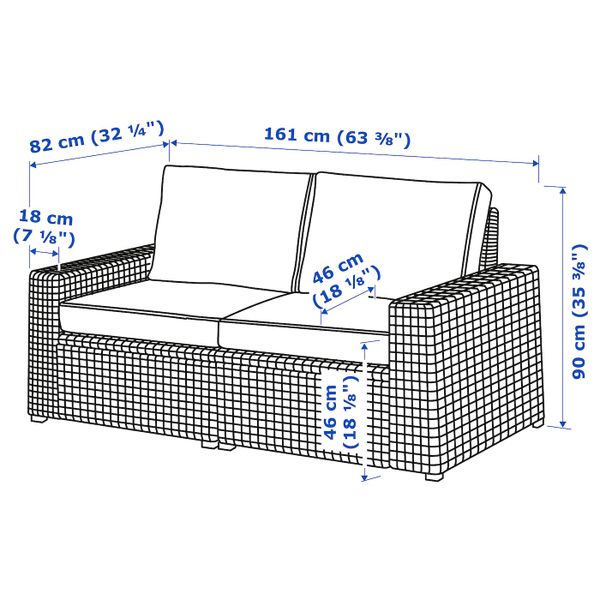 2-местный модульный диван, садовый, коричневый/ЙЭРПОН/дувхольмен антрацит 161x82x90 см IKEA SOLLERÖN СОЛЛЕРОН 493.083.81 - схема-чертеж с размерами